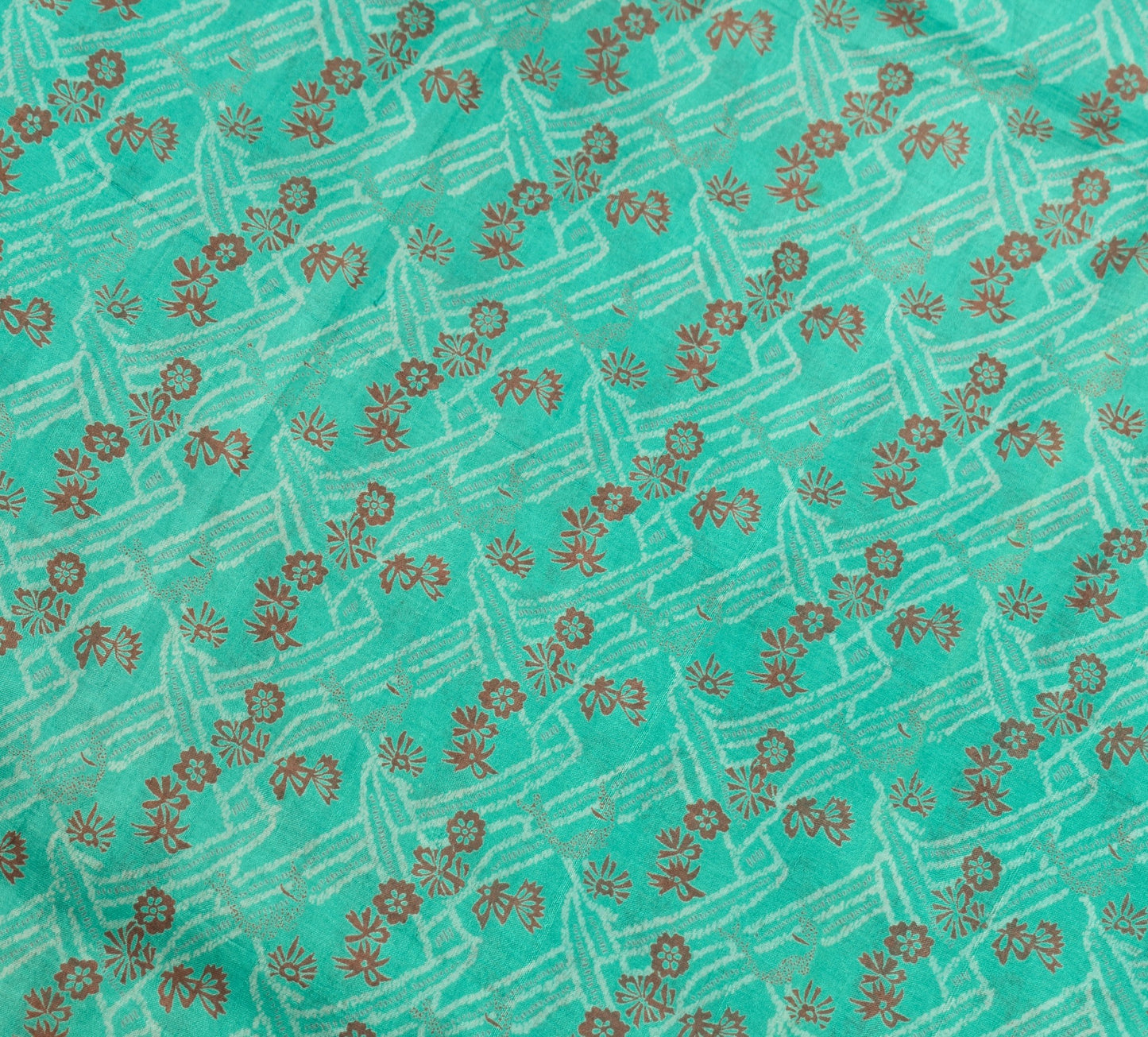 Sushila Vintage Aqua Green Scrap Saree Pure Silk Printed Floral Remnant Sari