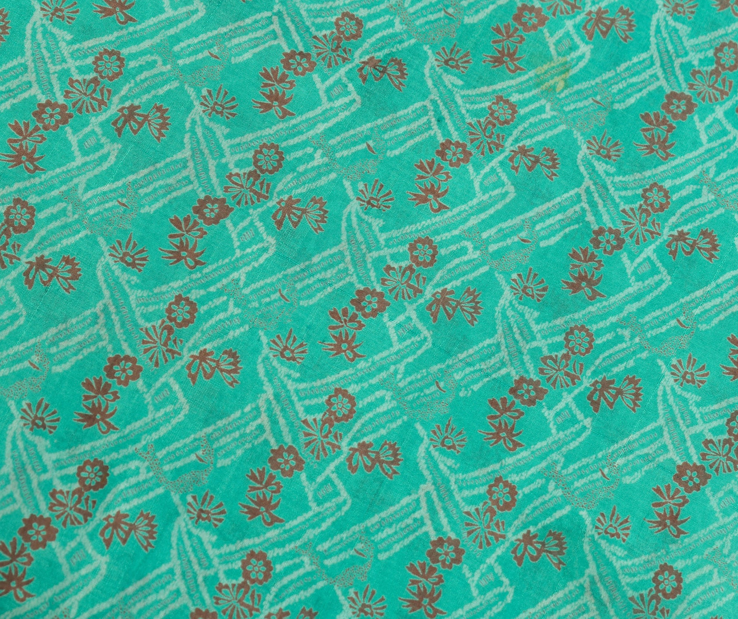 Sushila Vintage Aqua Green Scrap Saree Pure Silk Printed Floral Remnant Sari