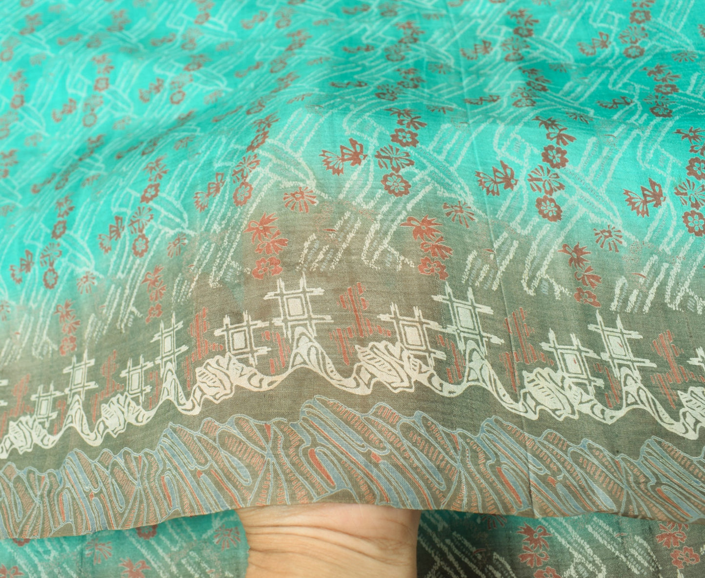 Sushila Vintage Aqua Green Scrap Saree Pure Silk Printed Floral Remnant Sari