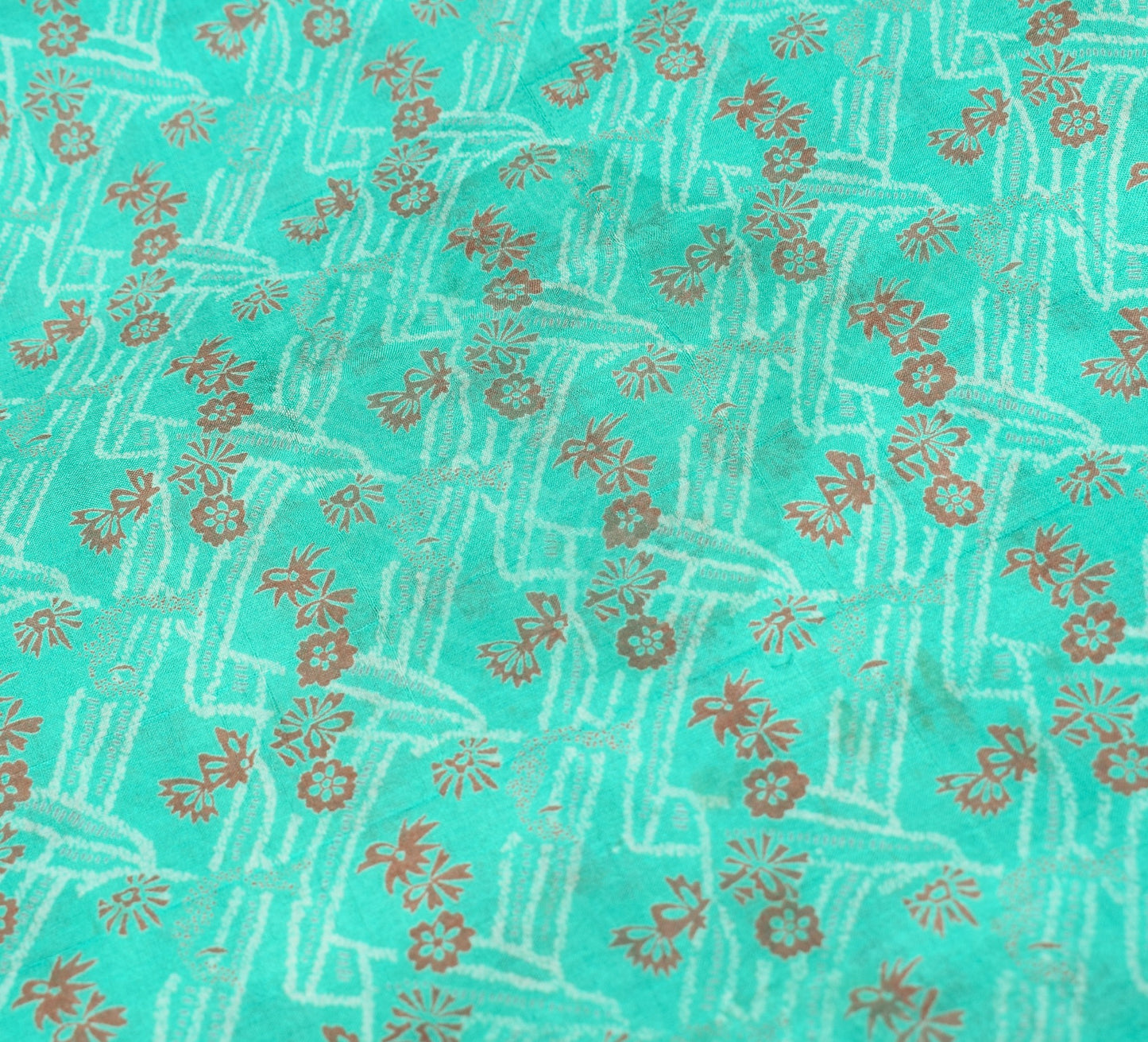 Sushila Vintage Aqua Green Scrap Saree Pure Silk Printed Floral Remnant Sari