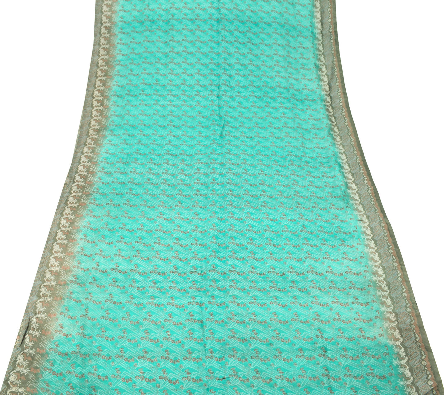 Sushila Vintage Aqua Green Scrap Saree Pure Silk Printed Floral Remnant Sari