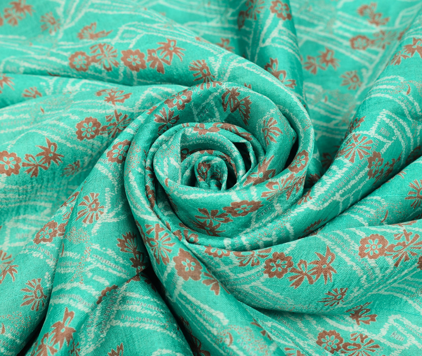 Sushila Vintage Aqua Green Scrap Saree Pure Silk Printed Floral Remnant Sari