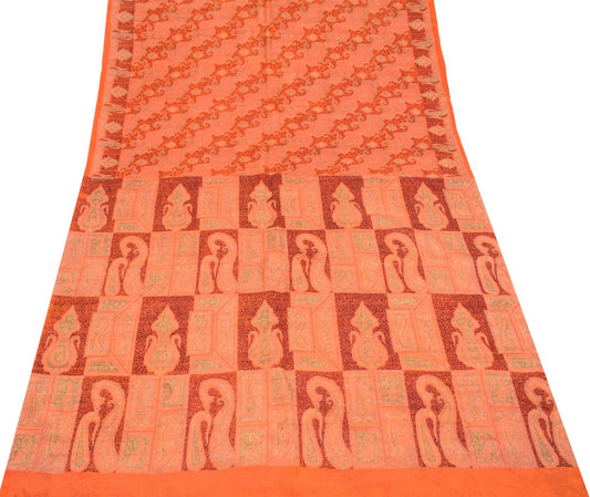 Sushila Vintage Orange Scrap Saree Pure Silk Printed Abstract Sari Craft Fabric