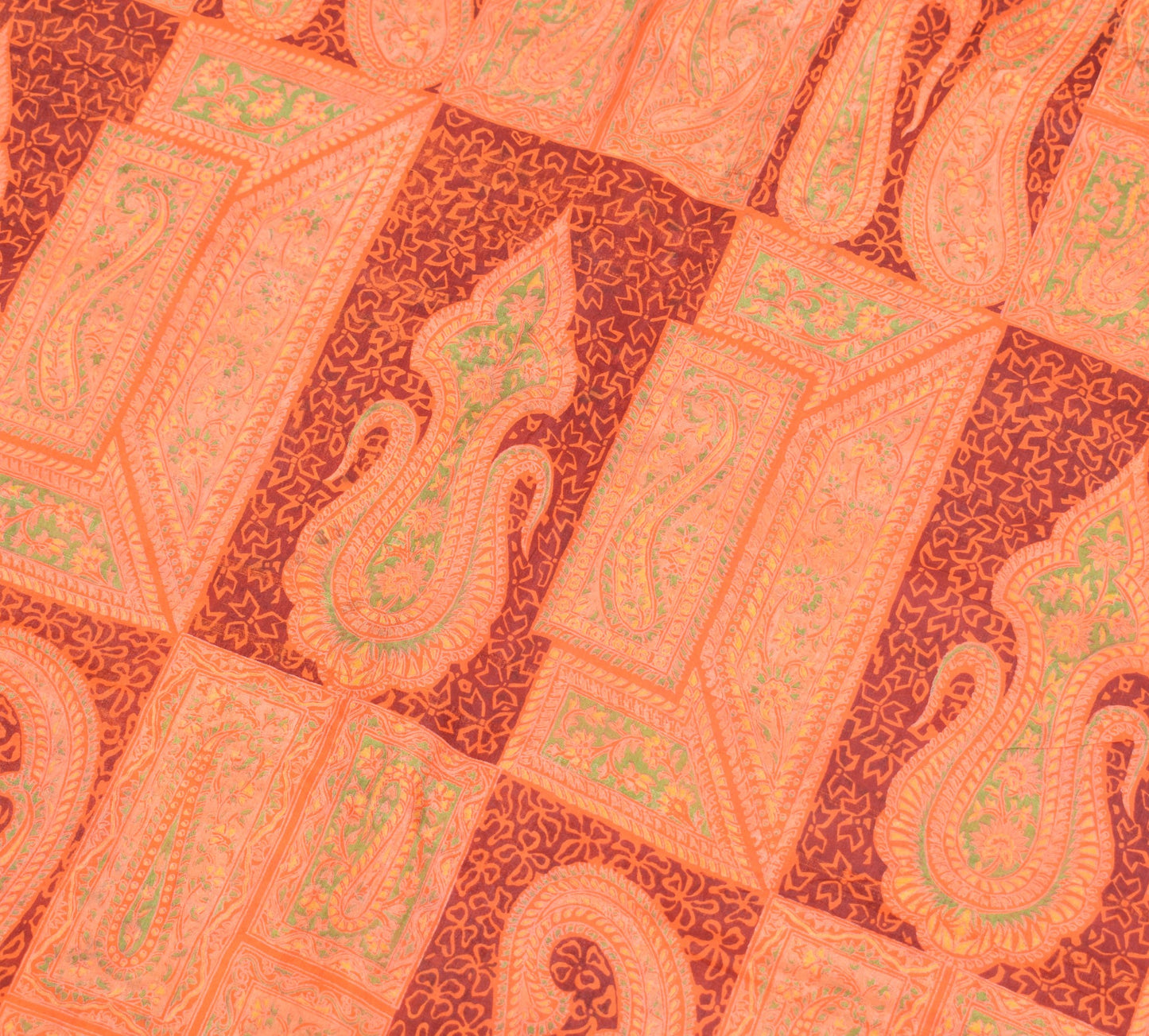 Sushila Vintage Orange Scrap Saree Pure Silk Printed Abstract Sari Craft Fabric