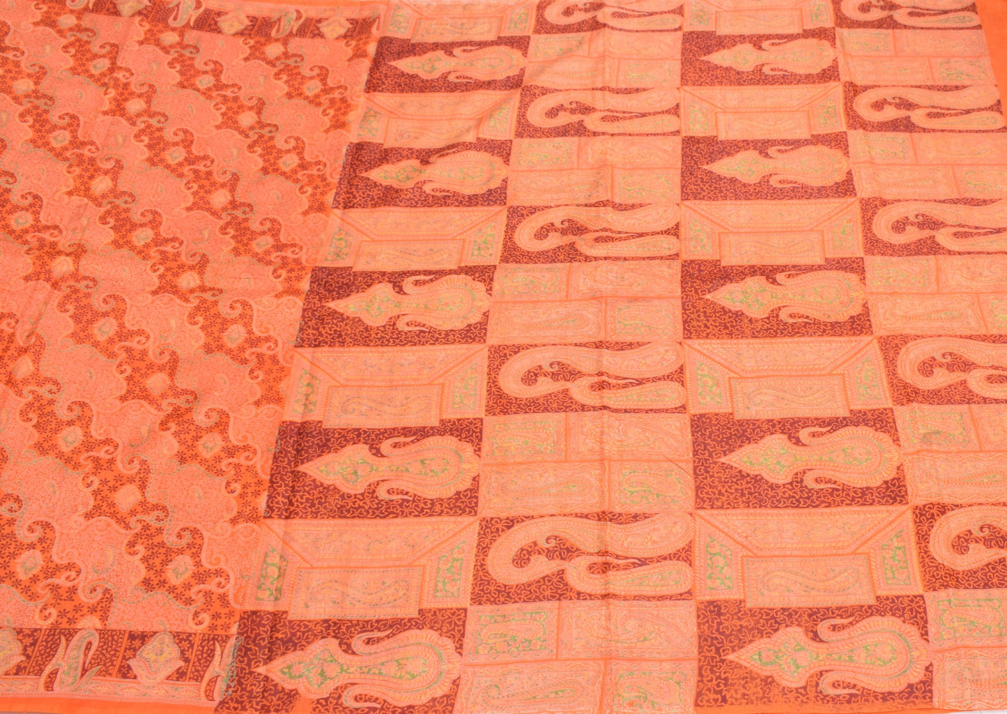 Sushila Vintage Orange Scrap Saree Pure Silk Printed Abstract Sari Craft Fabric