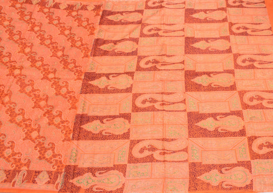 Sushila Vintage Orange Scrap Saree Pure Silk Printed Abstract Sari Craft Fabric