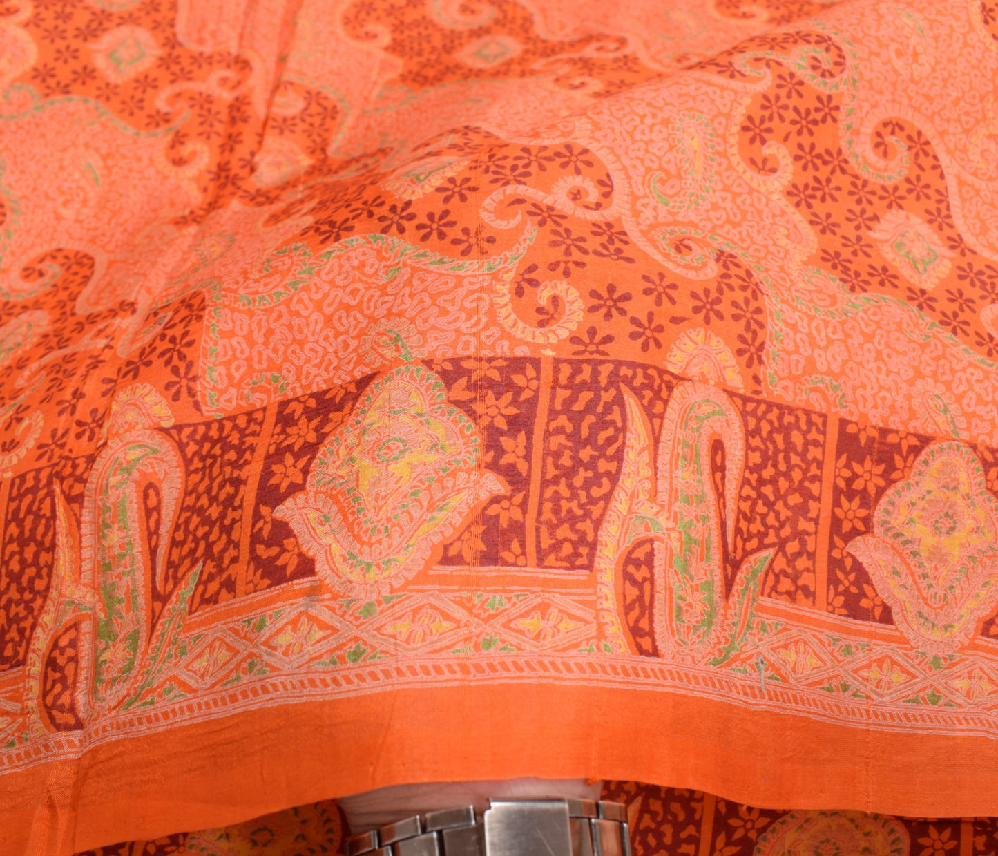 Sushila Vintage Orange Scrap Saree Pure Silk Printed Abstract Sari Craft Fabric