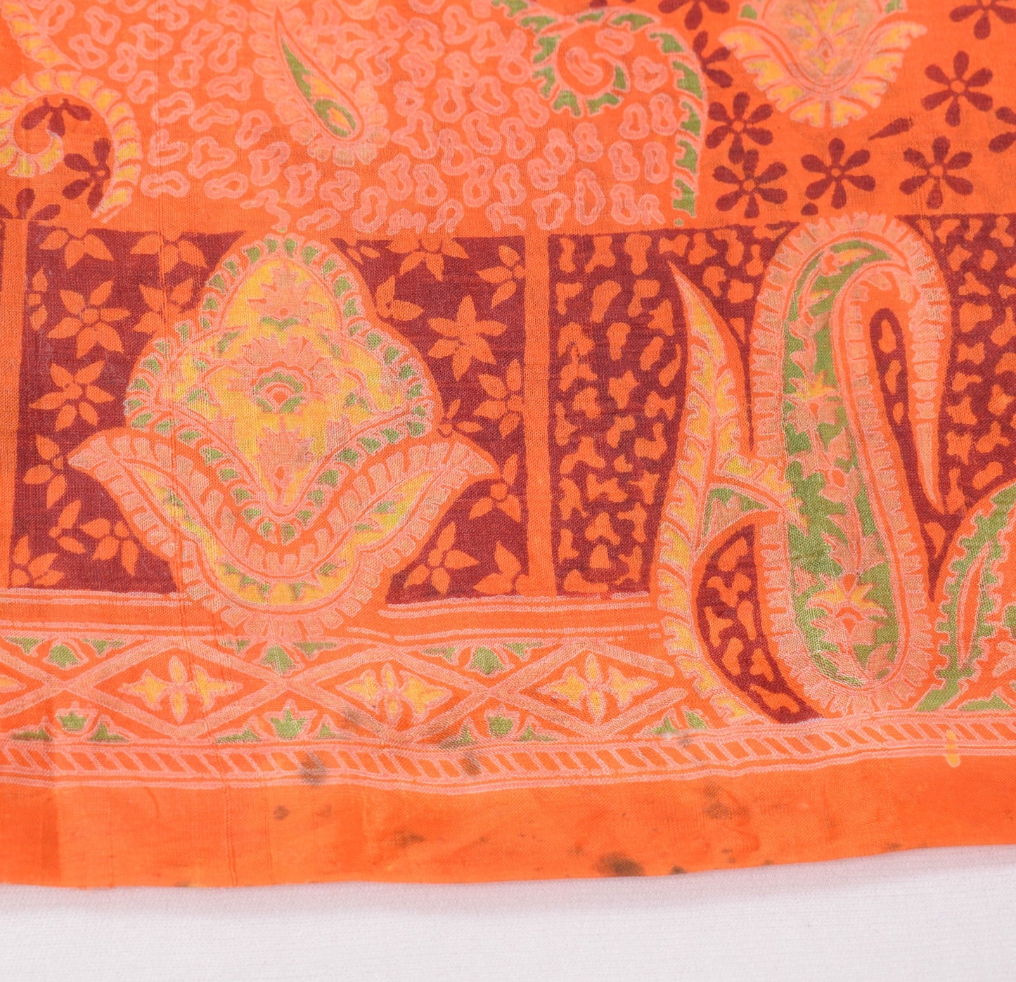 Sushila Vintage Orange Scrap Saree Pure Silk Printed Abstract Sari Craft Fabric