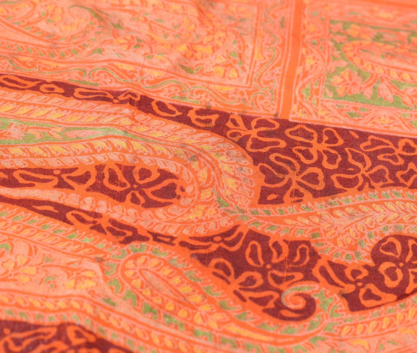 Sushila Vintage Orange Scrap Saree Pure Silk Printed Abstract Sari Craft Fabric