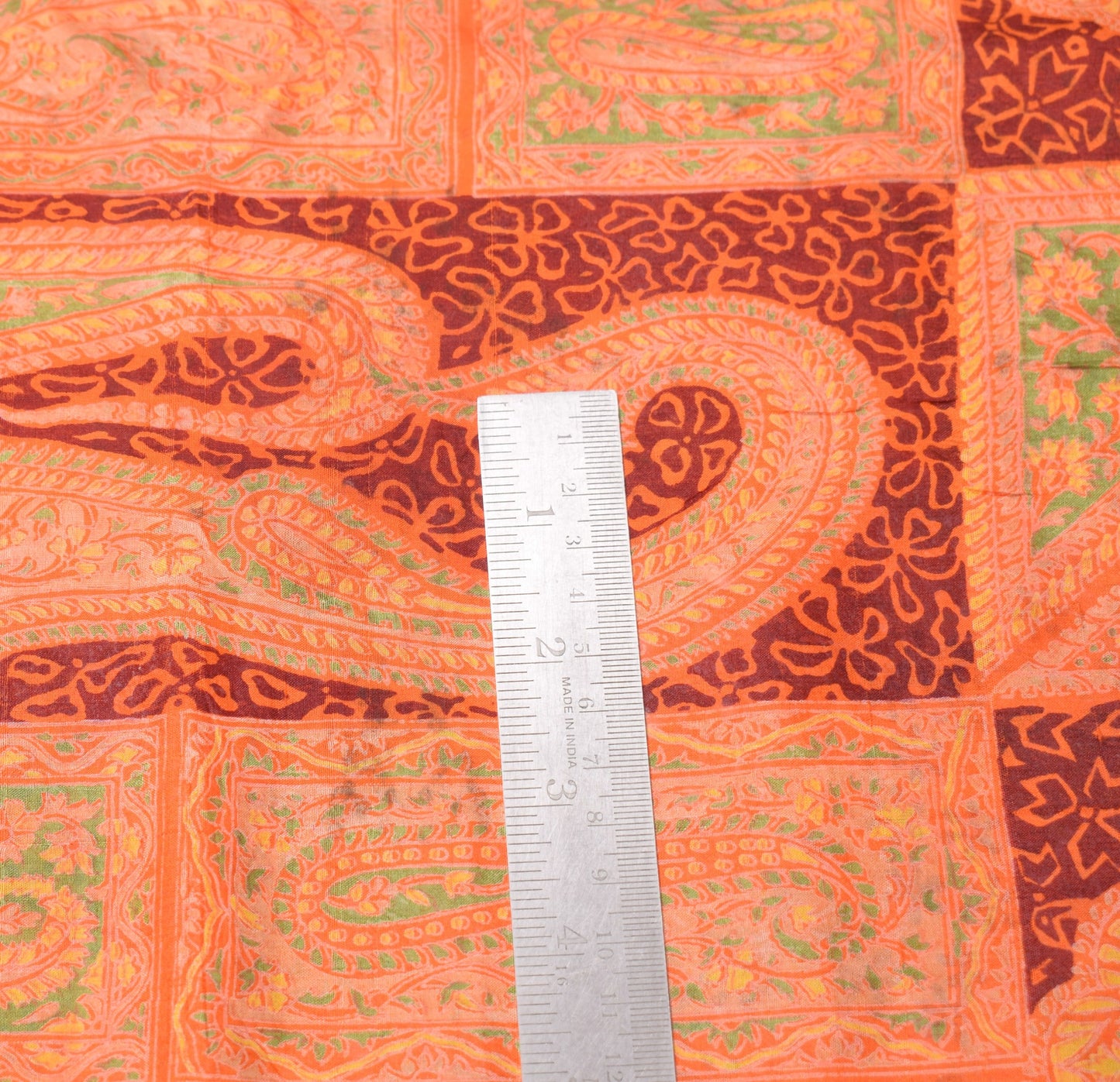 Sushila Vintage Orange Scrap Saree Pure Silk Printed Abstract Sari Craft Fabric