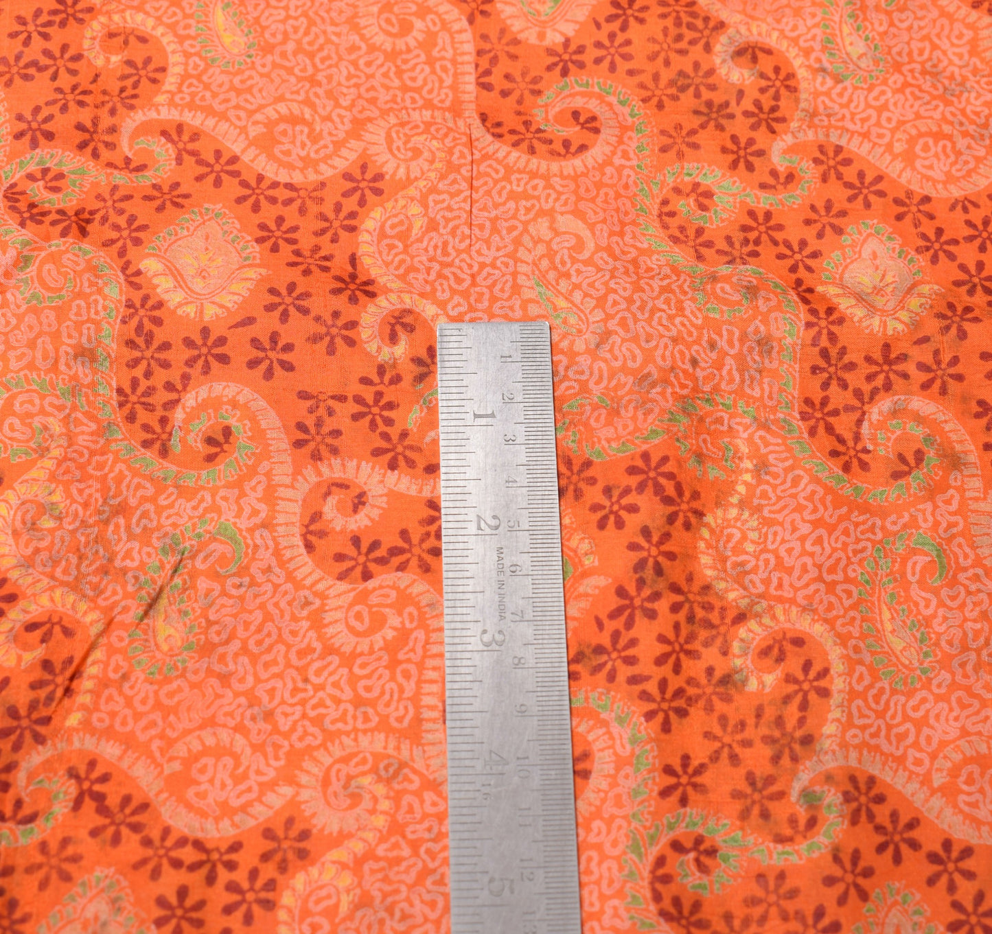 Sushila Vintage Orange Scrap Saree Pure Silk Printed Abstract Sari Craft Fabric