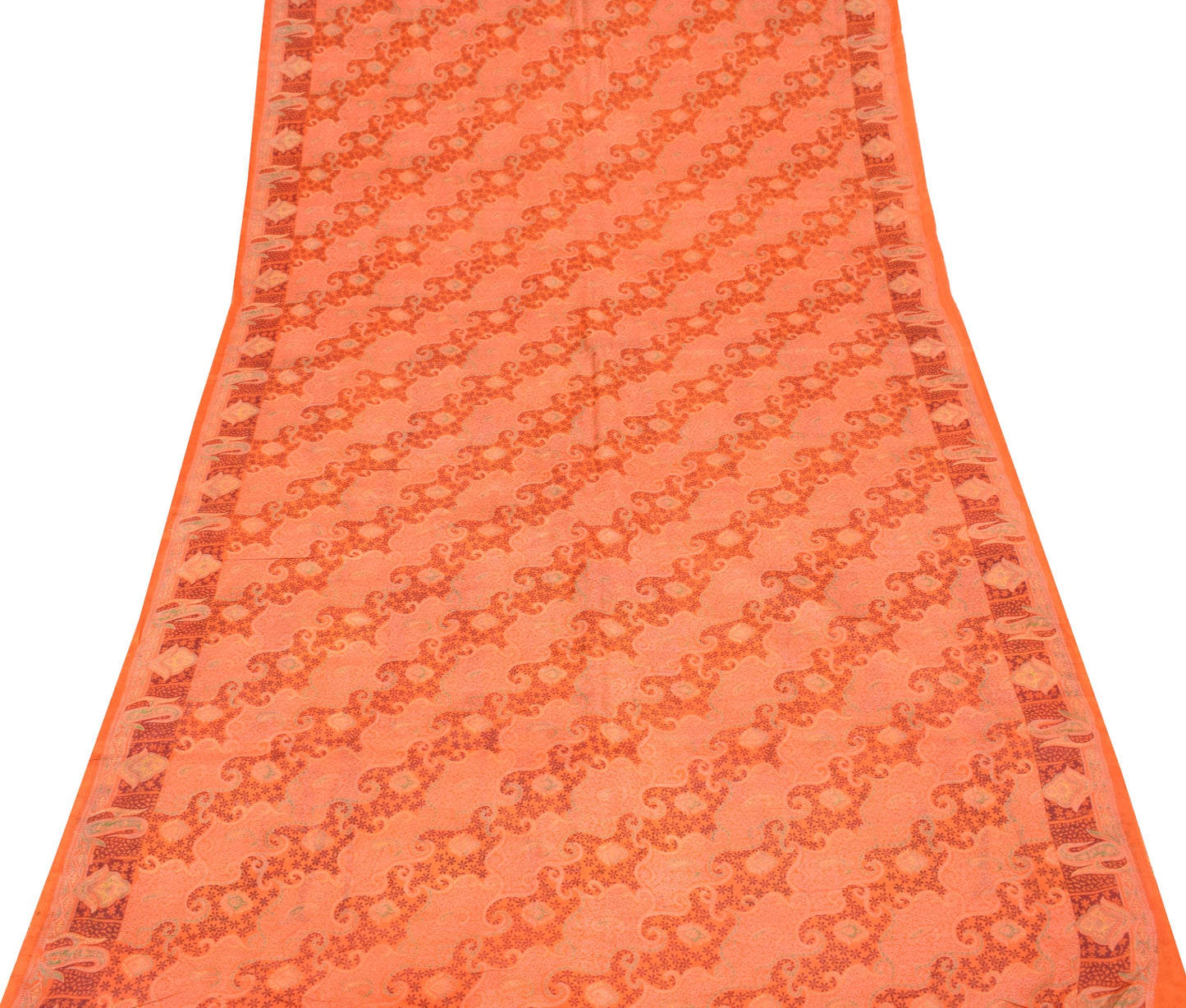 Sushila Vintage Orange Scrap Saree Pure Silk Printed Abstract Sari Craft Fabric
