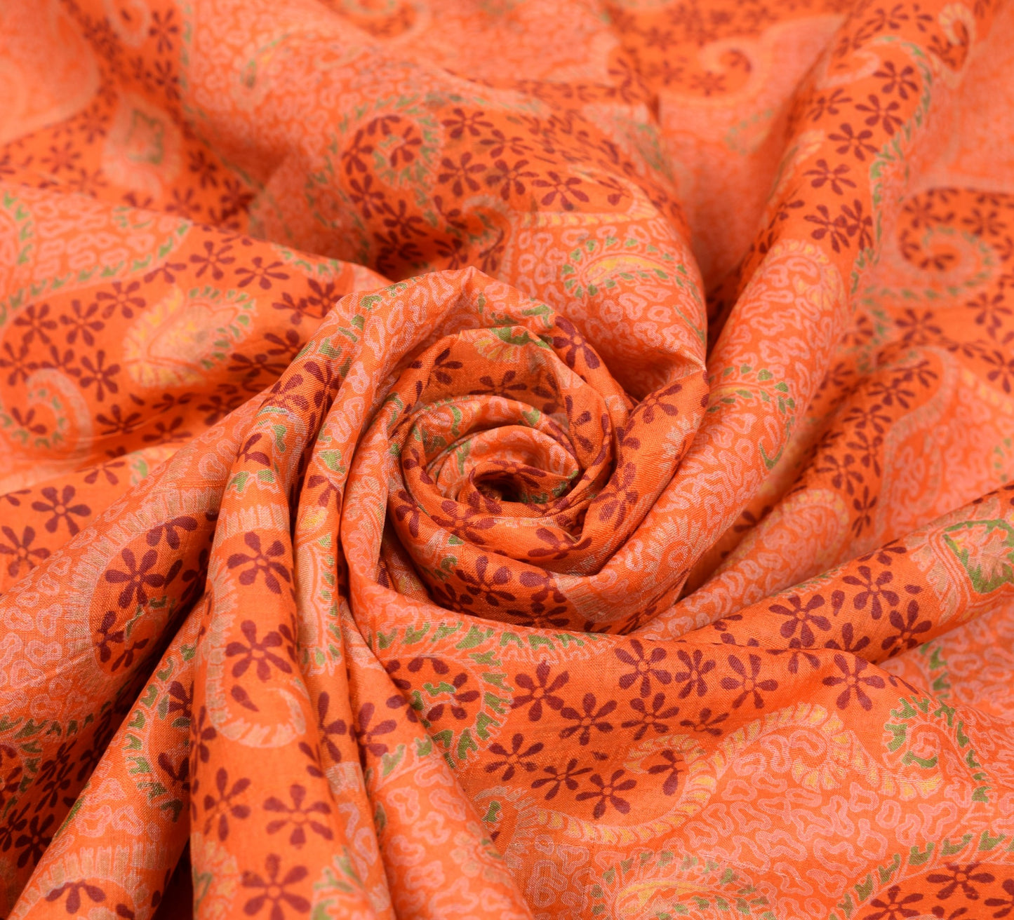 Sushila Vintage Orange Scrap Saree Pure Silk Printed Abstract Sari Craft Fabric