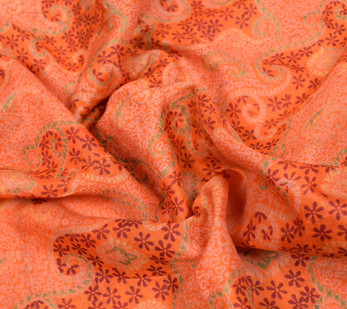 Sushila Vintage Orange Scrap Saree Pure Silk Printed Abstract Sari Craft Fabric