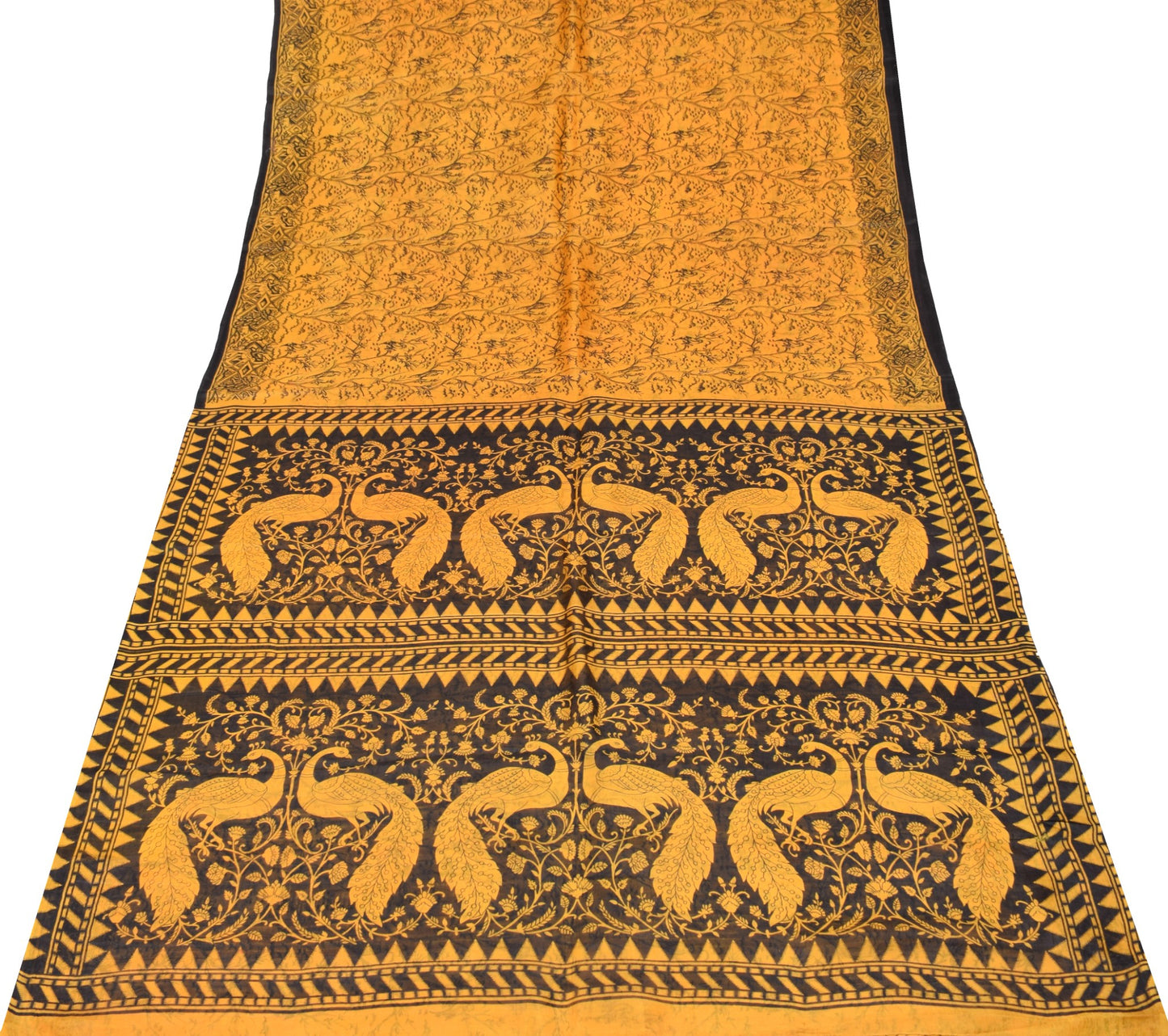 Sushila Vintage Yellow Scrap Saree Pure Silk Printed Floral Birds Remnant Sari