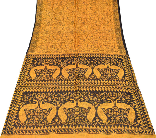Sushila Vintage Yellow Scrap Saree Pure Silk Printed Floral Birds Remnant Sari