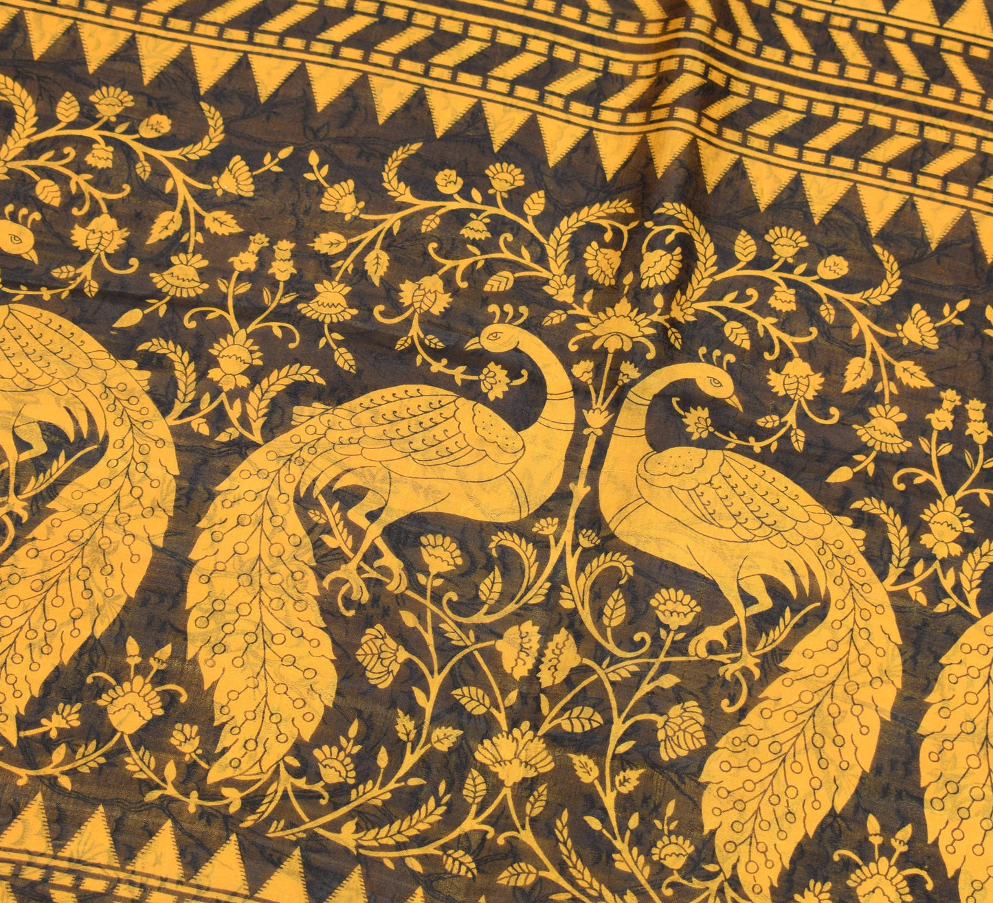 Sushila Vintage Yellow Scrap Saree Pure Silk Printed Floral Birds Remnant Sari