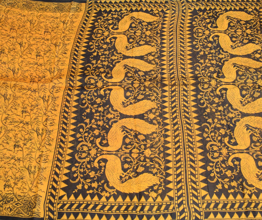 Sushila Vintage Yellow Scrap Saree Pure Silk Printed Floral Birds Remnant Sari