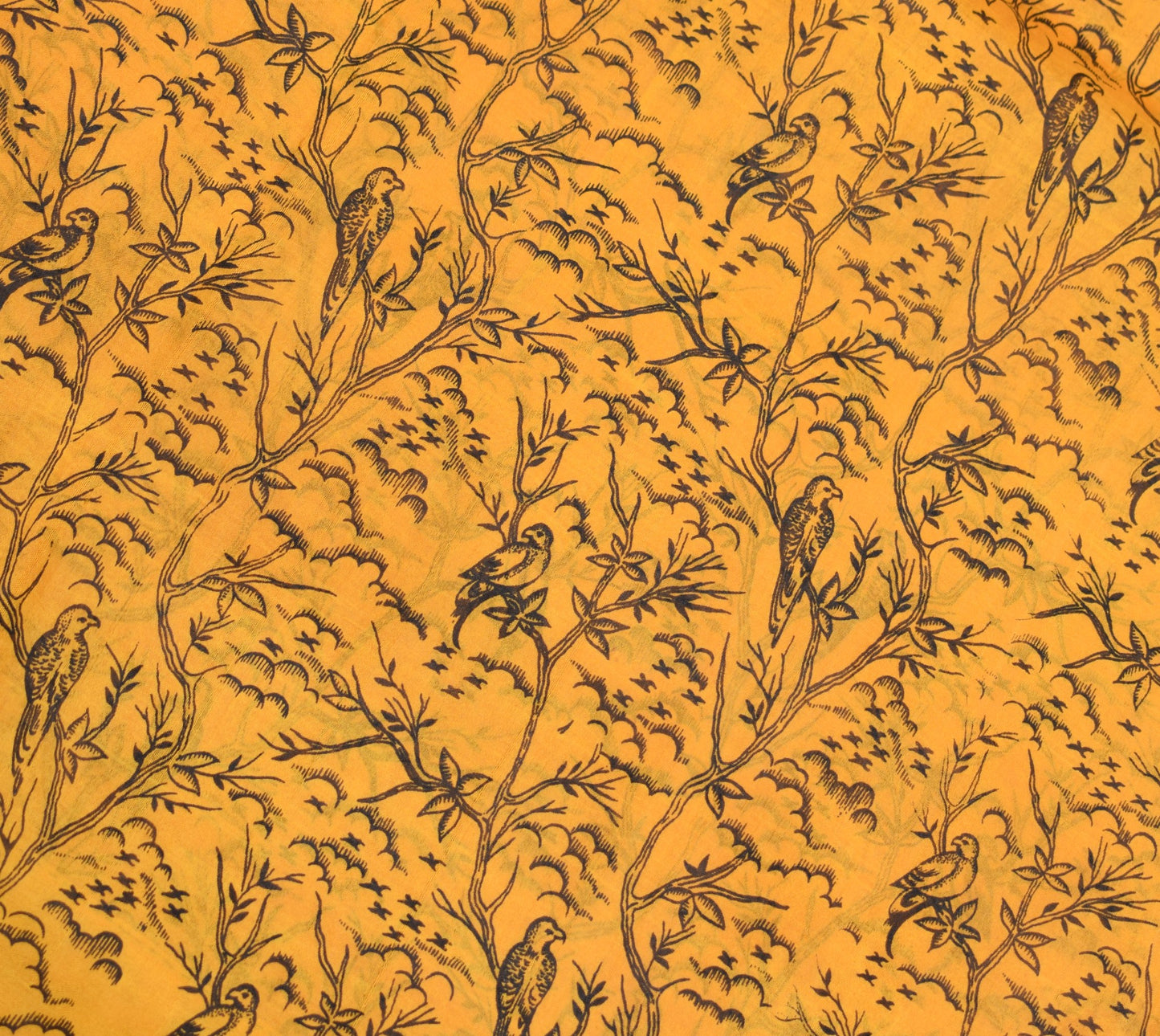 Sushila Vintage Yellow Scrap Saree Pure Silk Printed Floral Birds Remnant Sari