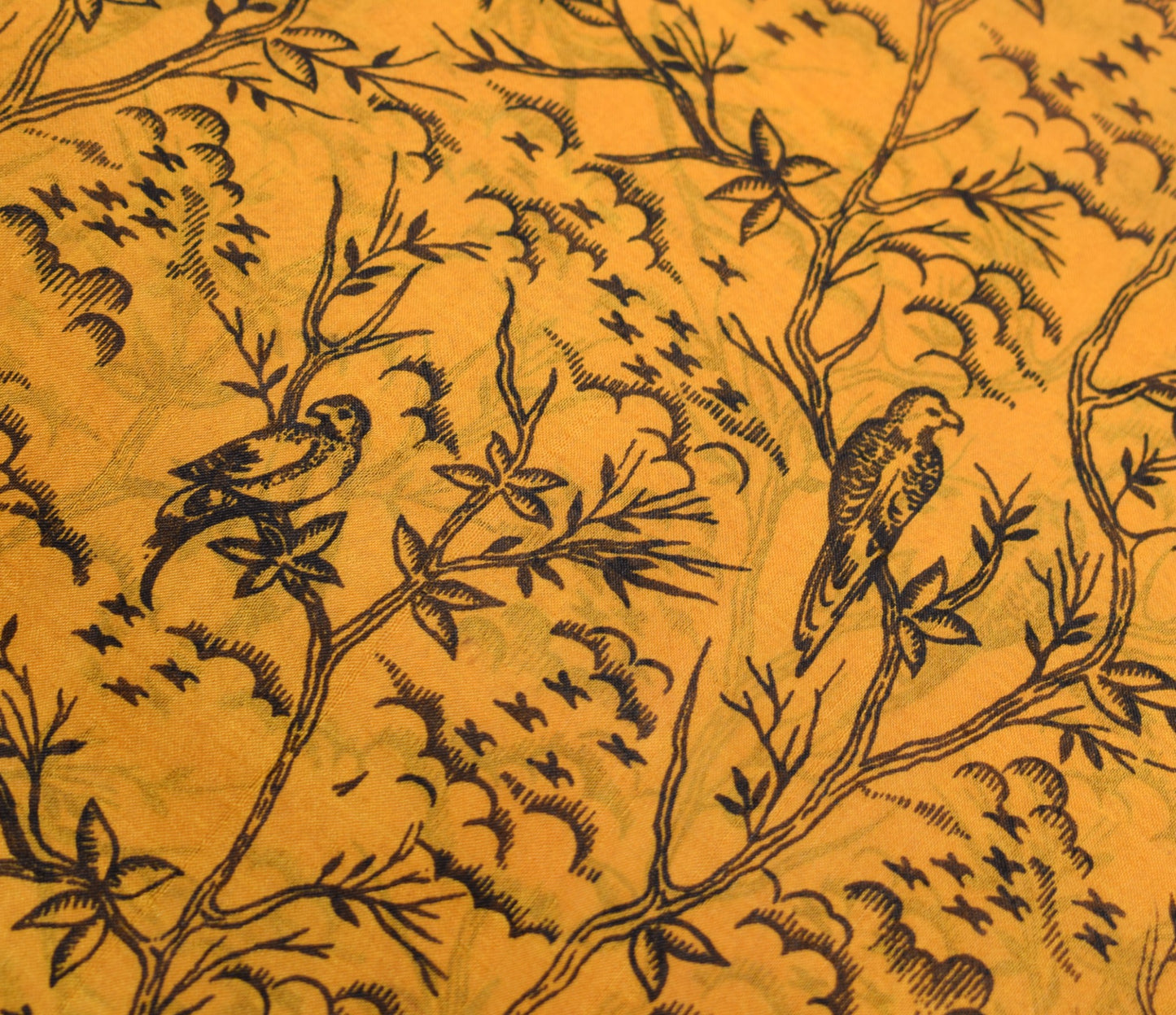 Sushila Vintage Yellow Scrap Saree Pure Silk Printed Floral Birds Remnant Sari