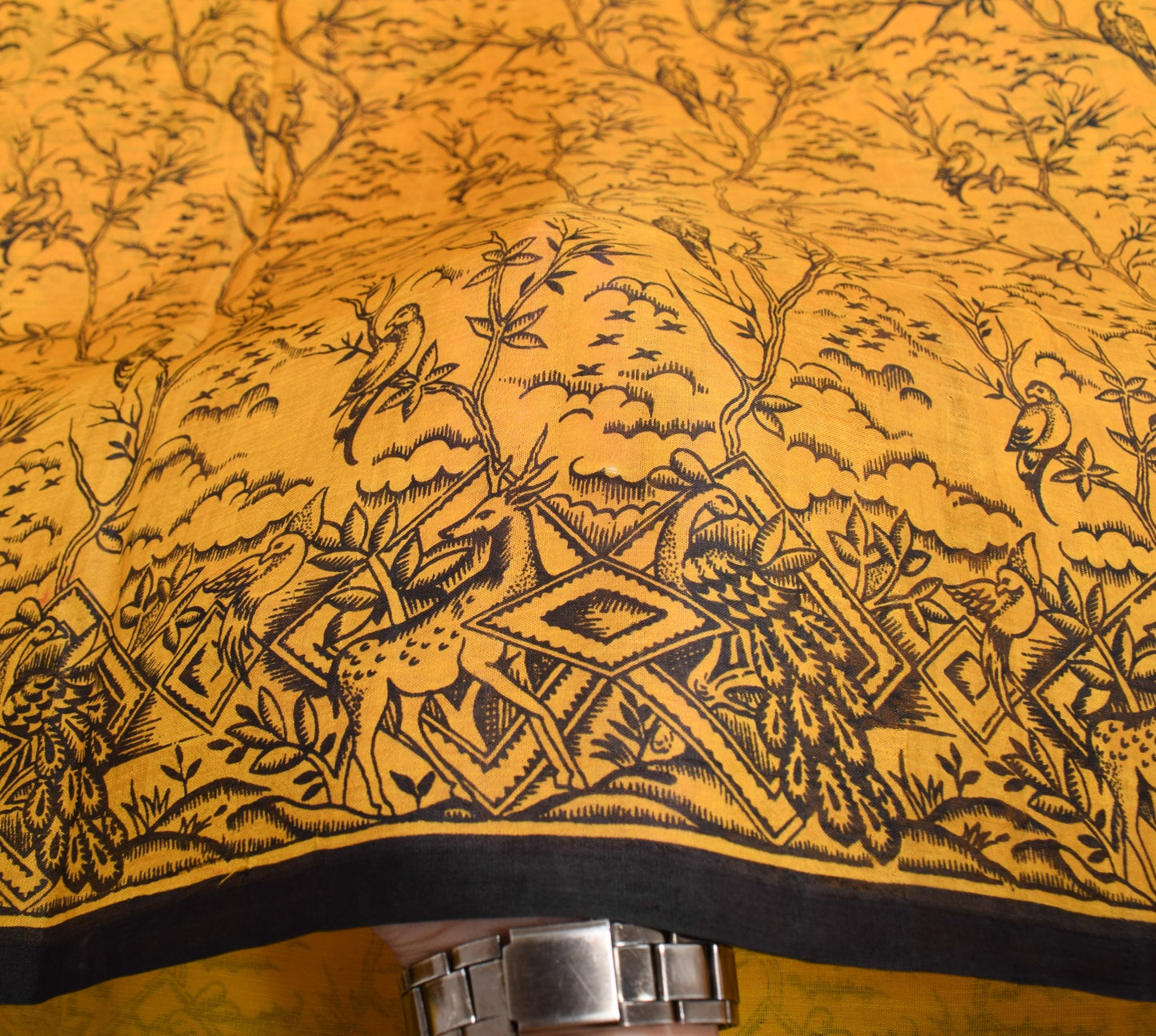 Sushila Vintage Yellow Scrap Saree Pure Silk Printed Floral Birds Remnant Sari
