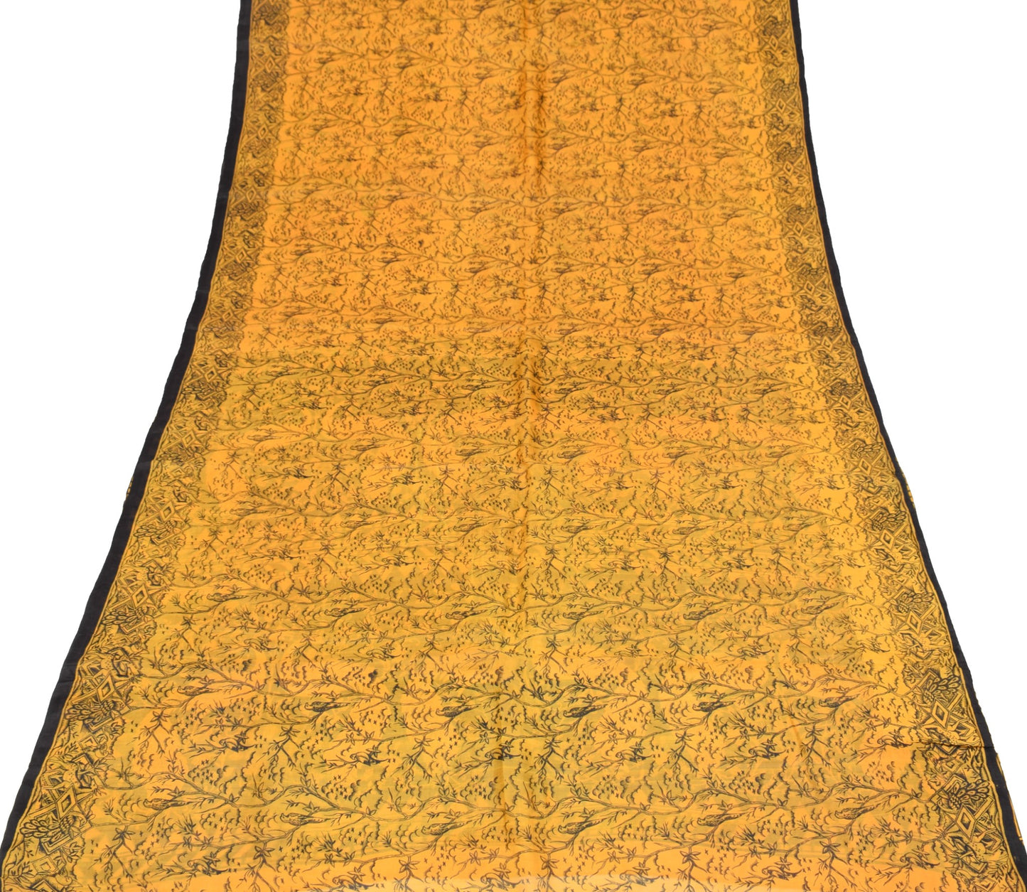 Sushila Vintage Yellow Scrap Saree Pure Silk Printed Floral Birds Remnant Sari