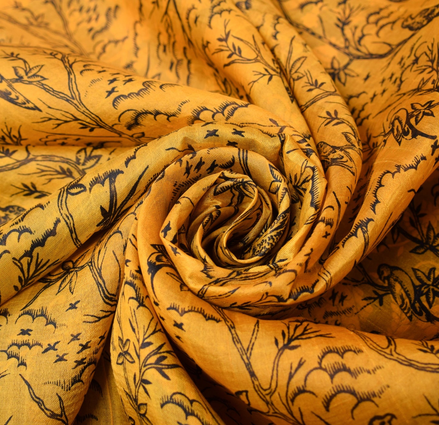 Sushila Vintage Yellow Scrap Saree Pure Silk Printed Floral Birds Remnant Sari