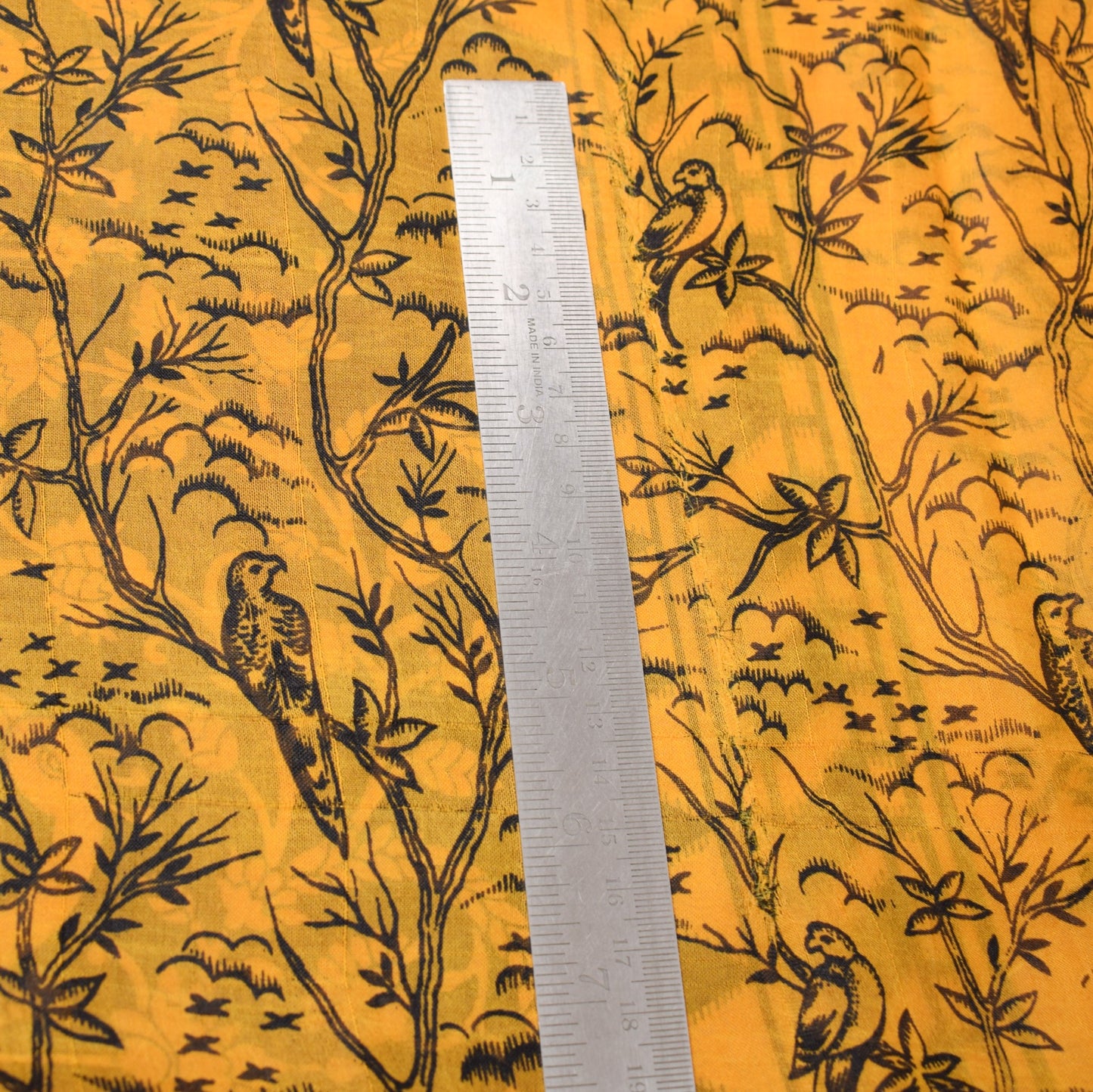 Sushila Vintage Yellow Scrap Saree Pure Silk Printed Floral Birds Remnant Sari