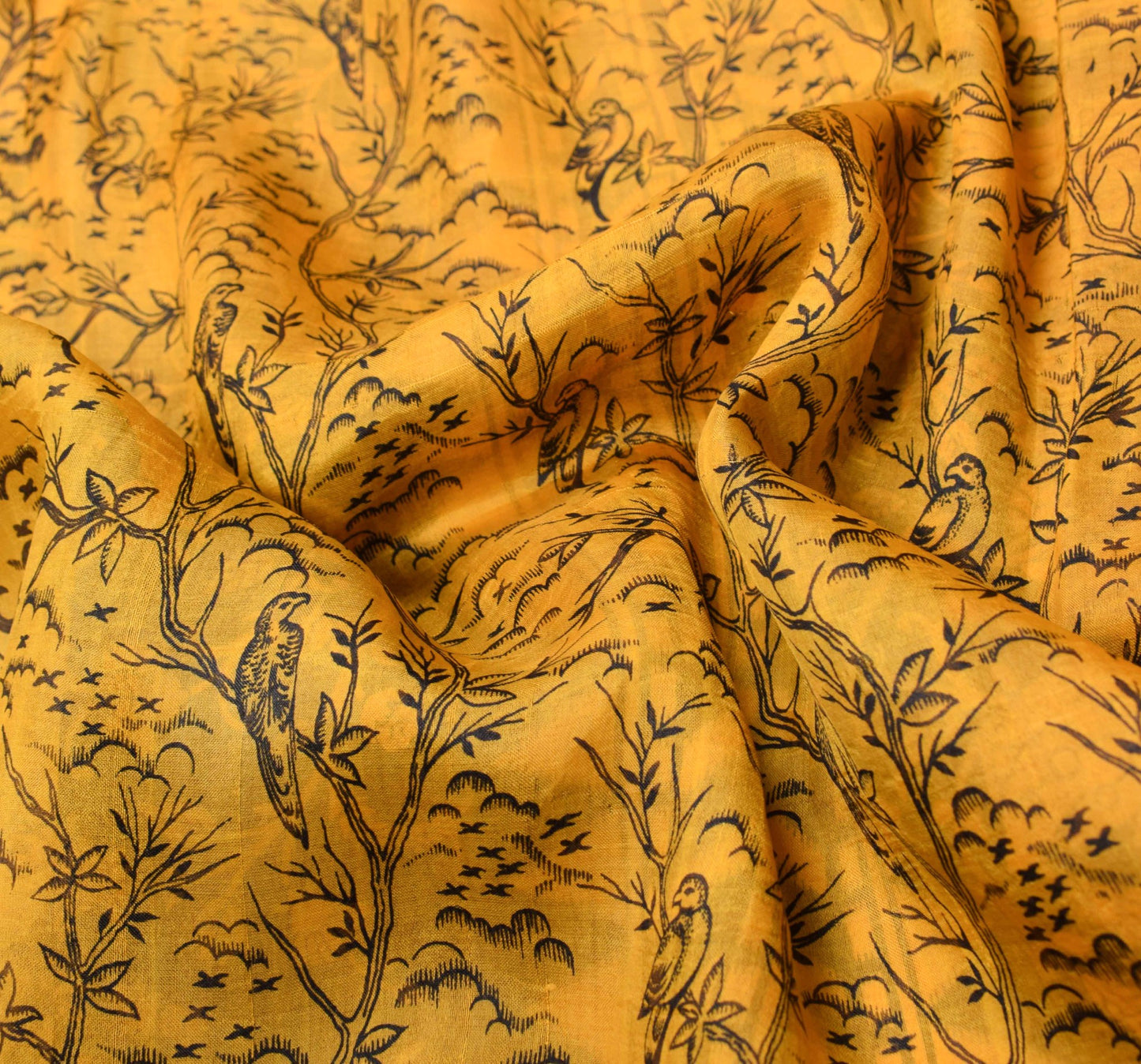 Sushila Vintage Yellow Scrap Saree Pure Silk Printed Floral Birds Remnant Sari