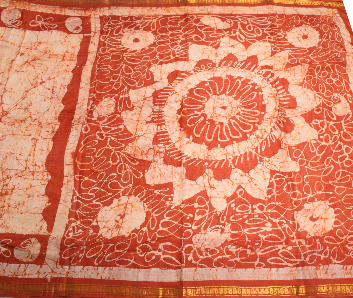 Sushila Vintage Rust Scrap Saree Pure Silk Batik Printed Remnant Sari 5YD Fabric