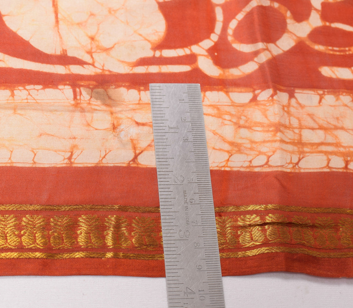 Sushila Vintage Rust Scrap Saree Pure Silk Batik Printed Remnant Sari 5YD Fabric