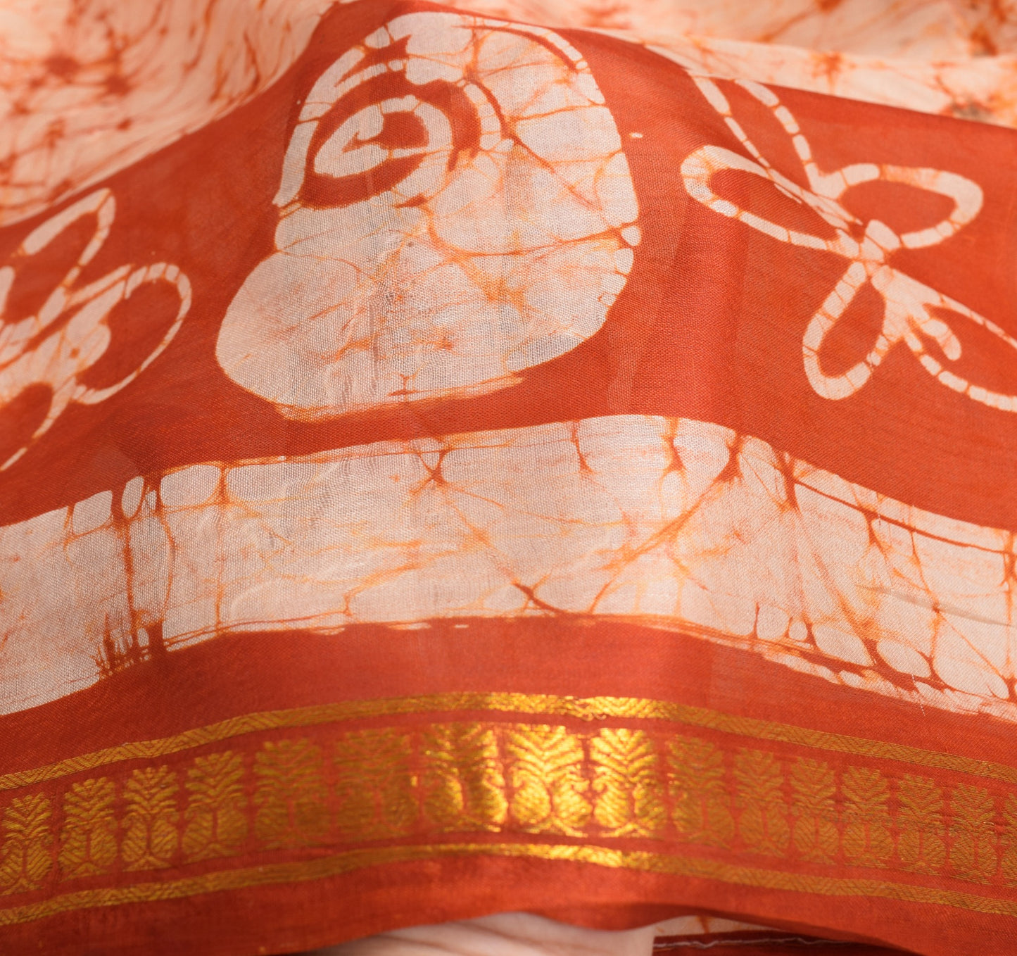 Sushila Vintage Rust Scrap Saree Pure Silk Batik Printed Remnant Sari 5YD Fabric