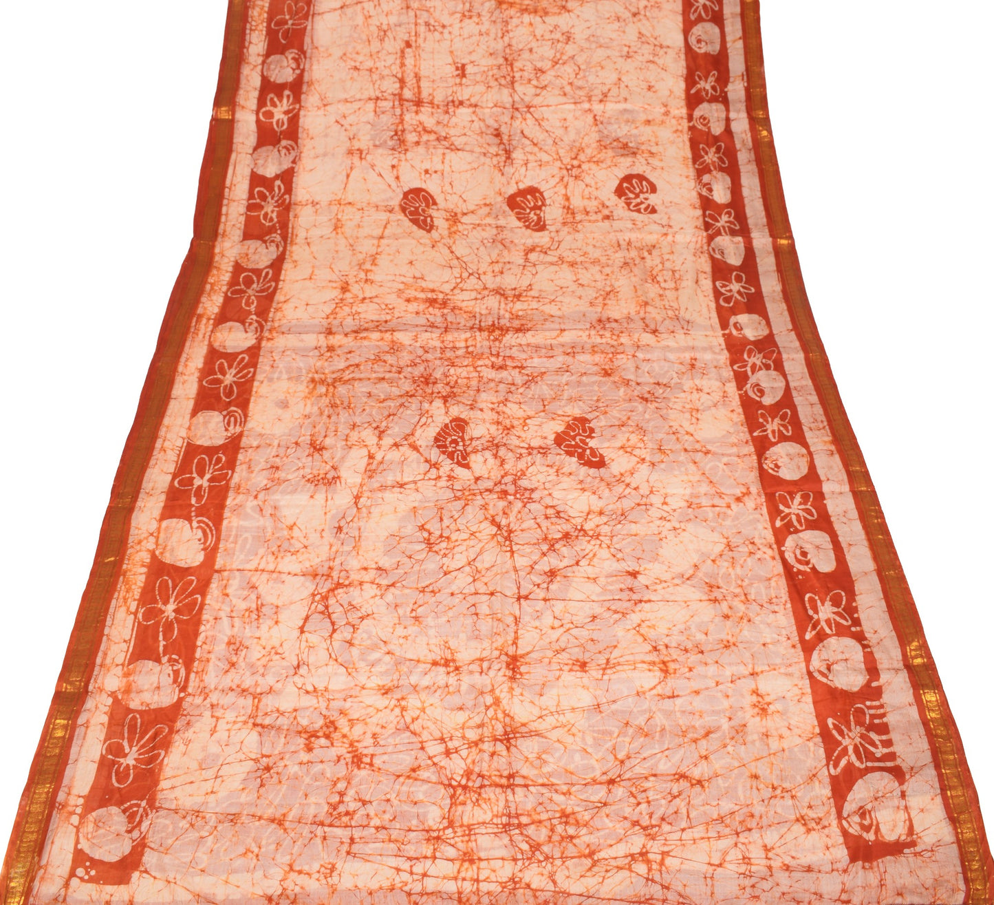 Sushila Vintage Rust Scrap Saree Pure Silk Batik Printed Remnant Sari 5YD Fabric