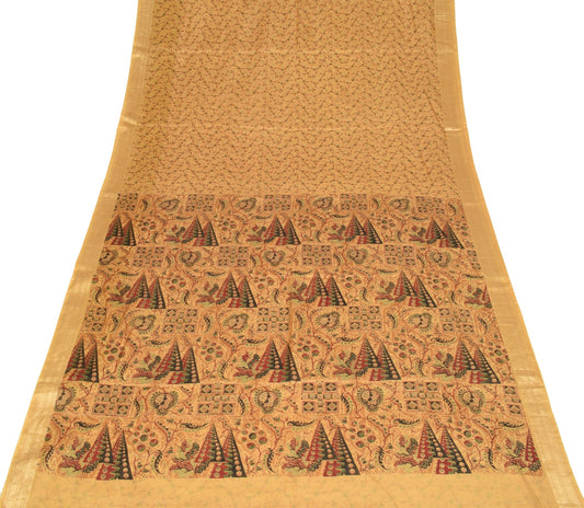 Sushila Vintage Brown Scrap Saree Pure Silk Printed Floral Remnant Sari Fabric