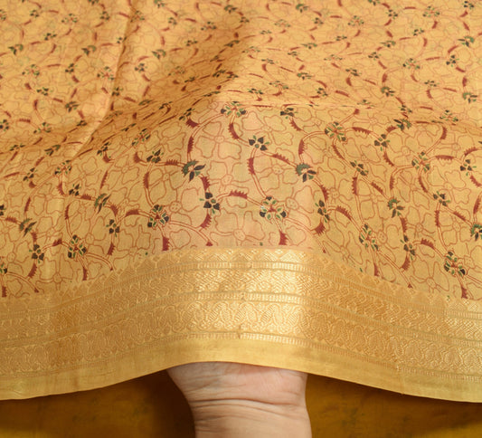 Sushila Vintage Brown Scrap Saree Pure Silk Printed Floral Remnant Sari Fabric