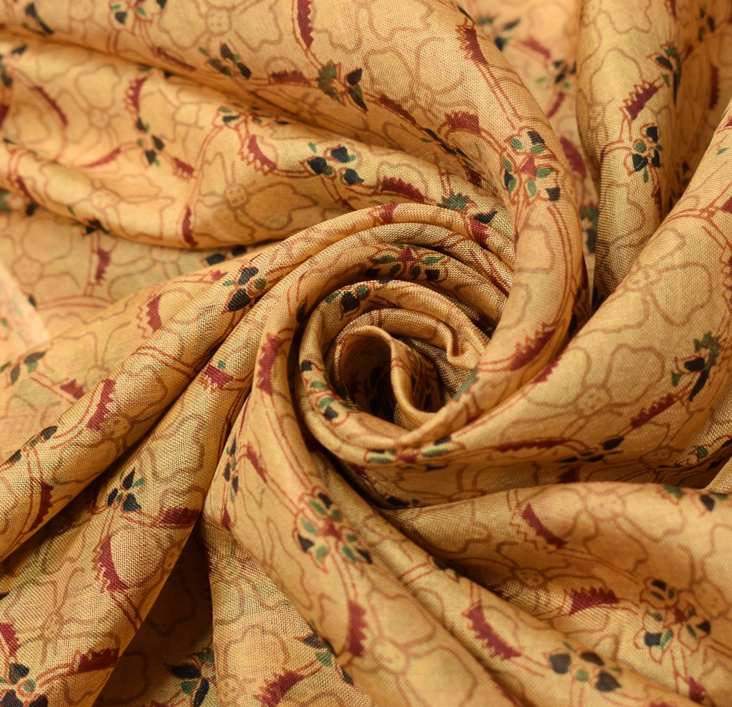 Sushila Vintage Brown Scrap Saree Pure Silk Printed Floral Remnant Sari Fabric