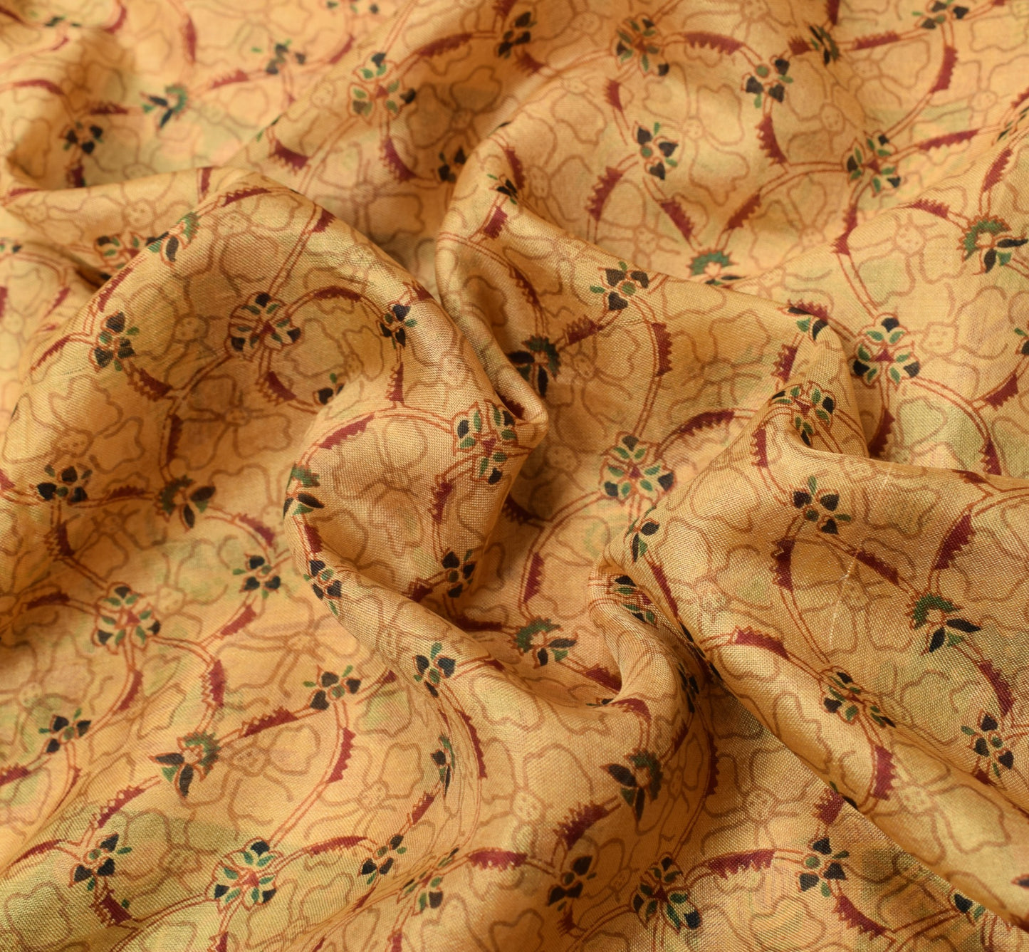 Sushila Vintage Brown Scrap Saree Pure Silk Printed Floral Remnant Sari Fabric