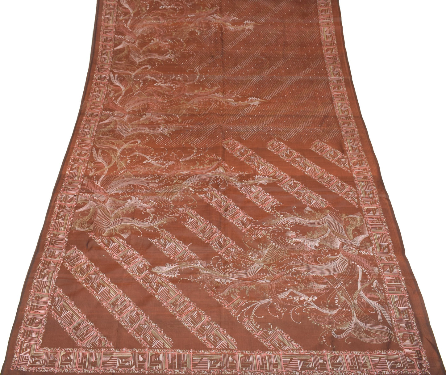 Sushila Vintage Brown Scrap Saree Pure Silk Printed Floral Remnant Sari Fabric