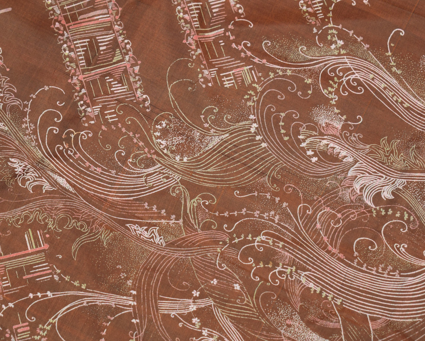 Sushila Vintage Brown Scrap Saree Pure Silk Printed Floral Remnant Sari Fabric
