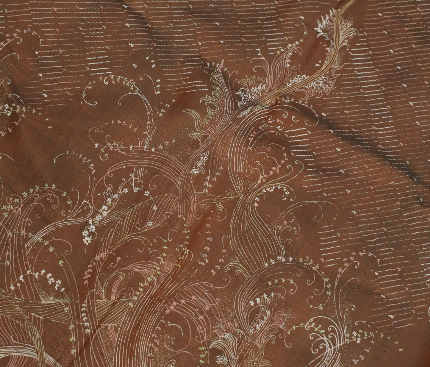 Sushila Vintage Brown Scrap Saree Pure Silk Printed Floral Remnant Sari Fabric