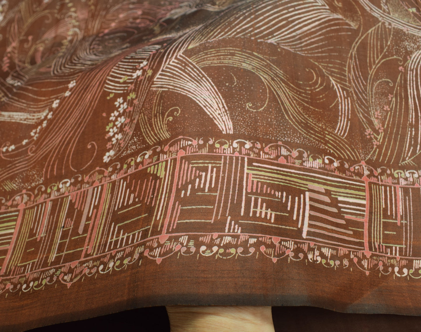 Sushila Vintage Brown Scrap Saree Pure Silk Printed Floral Remnant Sari Fabric