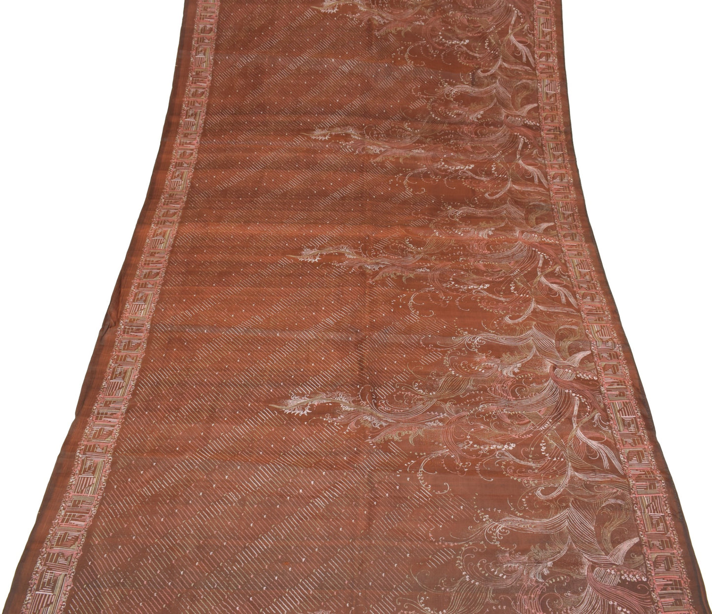 Sushila Vintage Brown Scrap Saree Pure Silk Printed Floral Remnant Sari Fabric
