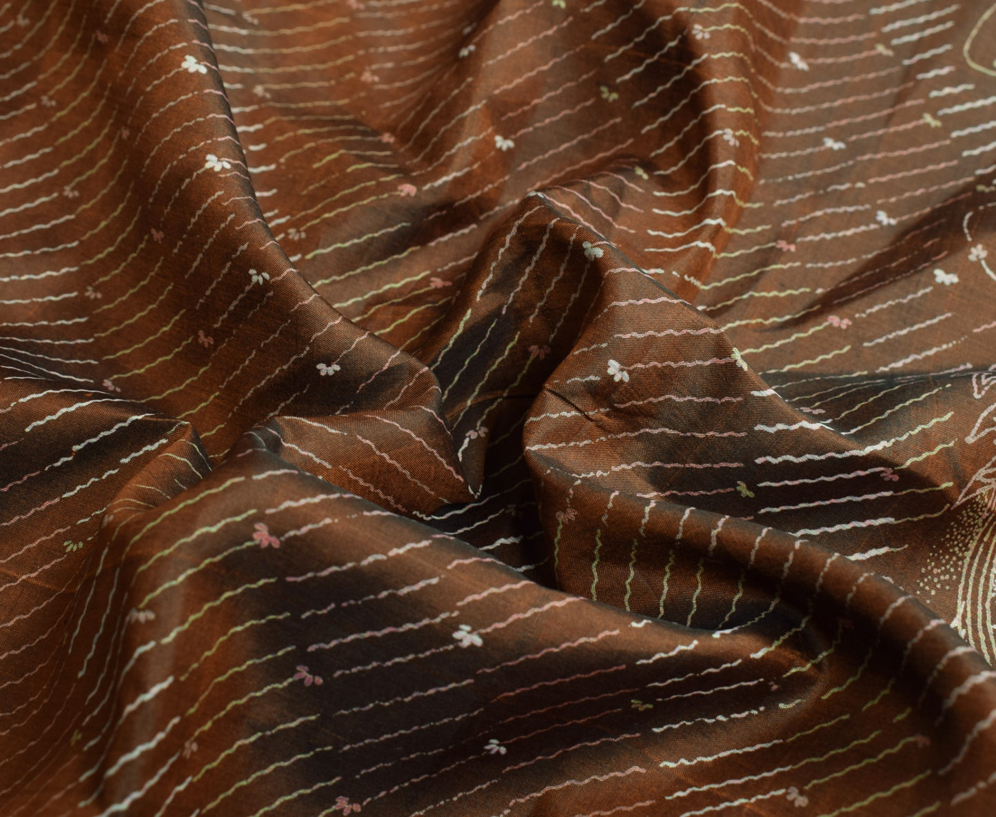 Sushila Vintage Brown Scrap Saree Pure Silk Printed Floral Remnant Sari Fabric