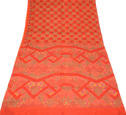 Sushila Vintage Orange Scrap Saree Pure Silk Floral Printed Sari Remnant Fabric