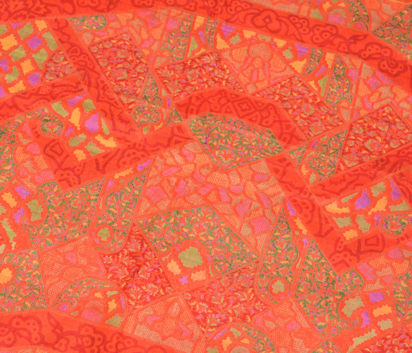 Sushila Vintage Orange Scrap Saree Pure Silk Floral Printed Sari Remnant Fabric
