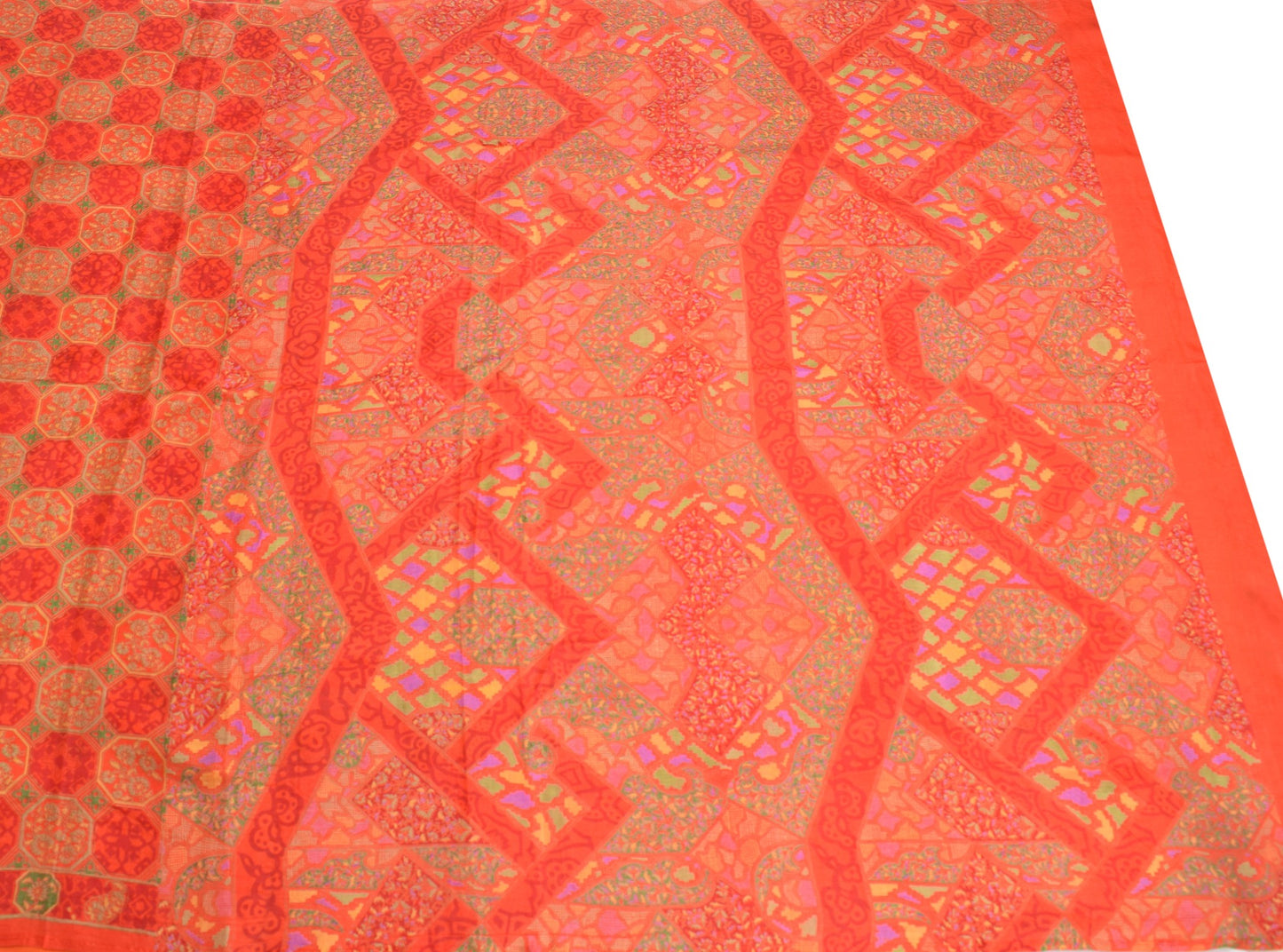 Sushila Vintage Orange Scrap Saree Pure Silk Floral Printed Sari Remnant Fabric