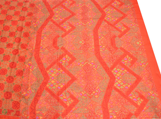 Sushila Vintage Orange Scrap Saree Pure Silk Floral Printed Sari Remnant Fabric