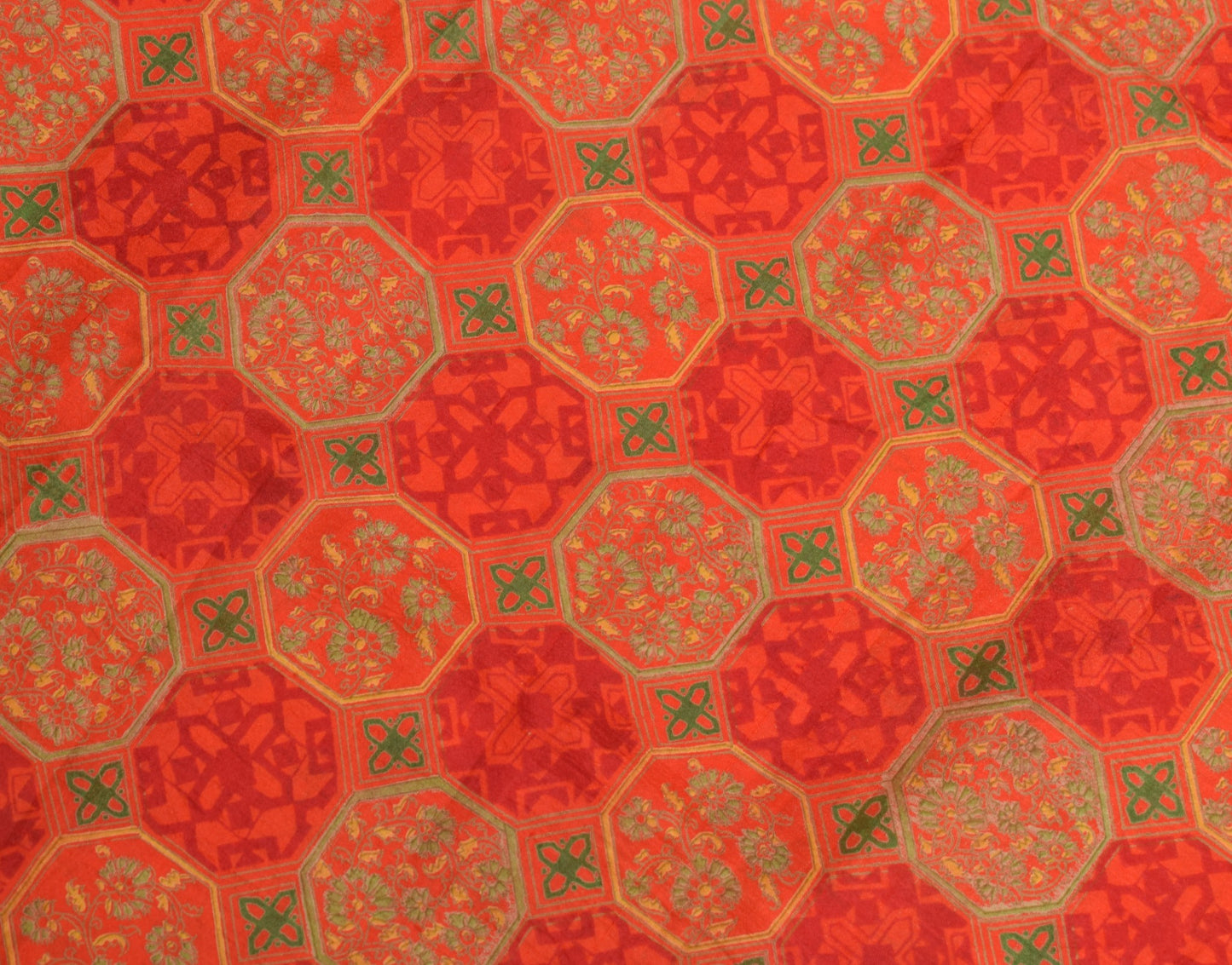 Sushila Vintage Orange Scrap Saree Pure Silk Floral Printed Sari Remnant Fabric