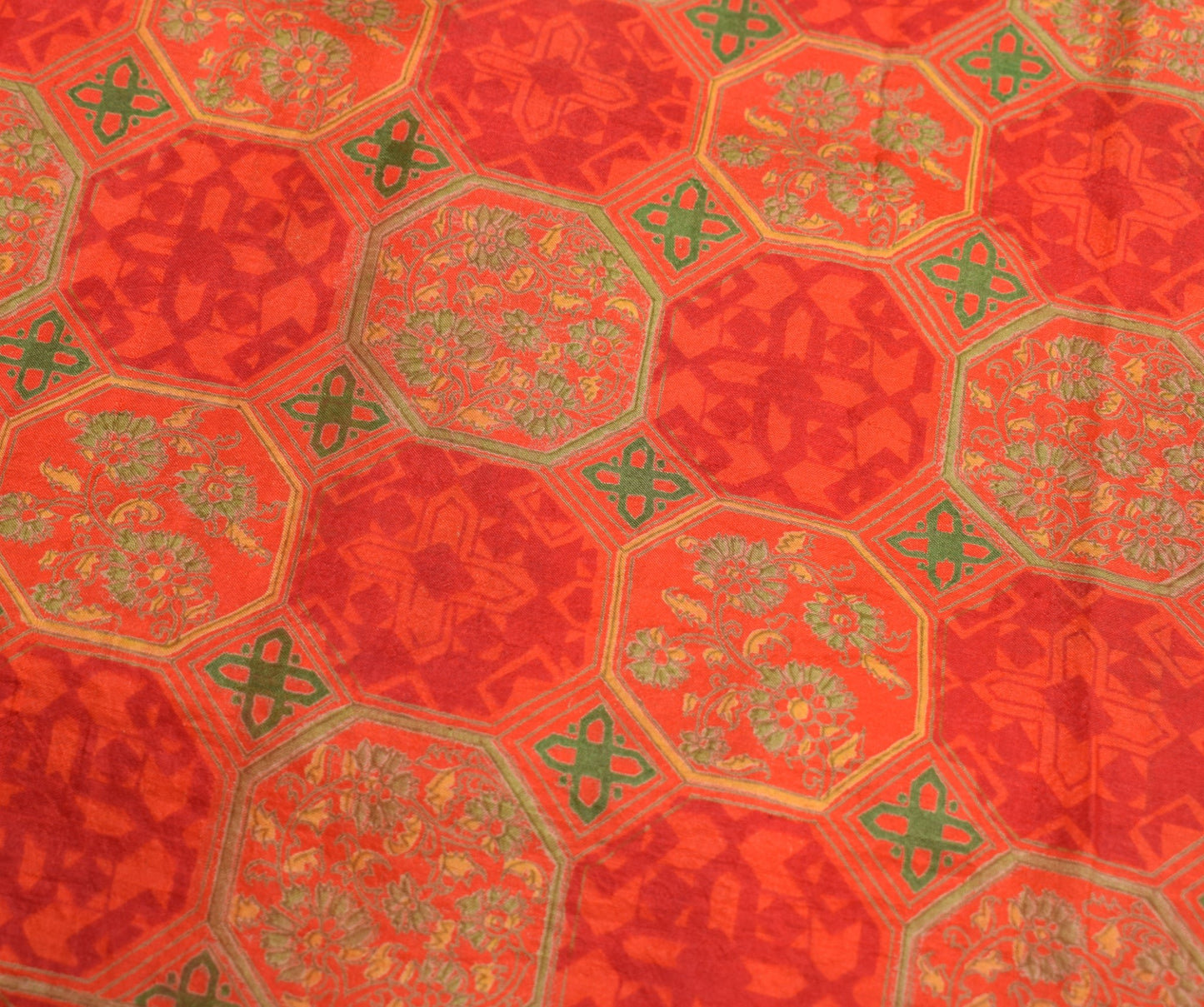 Sushila Vintage Orange Scrap Saree Pure Silk Floral Printed Sari Remnant Fabric