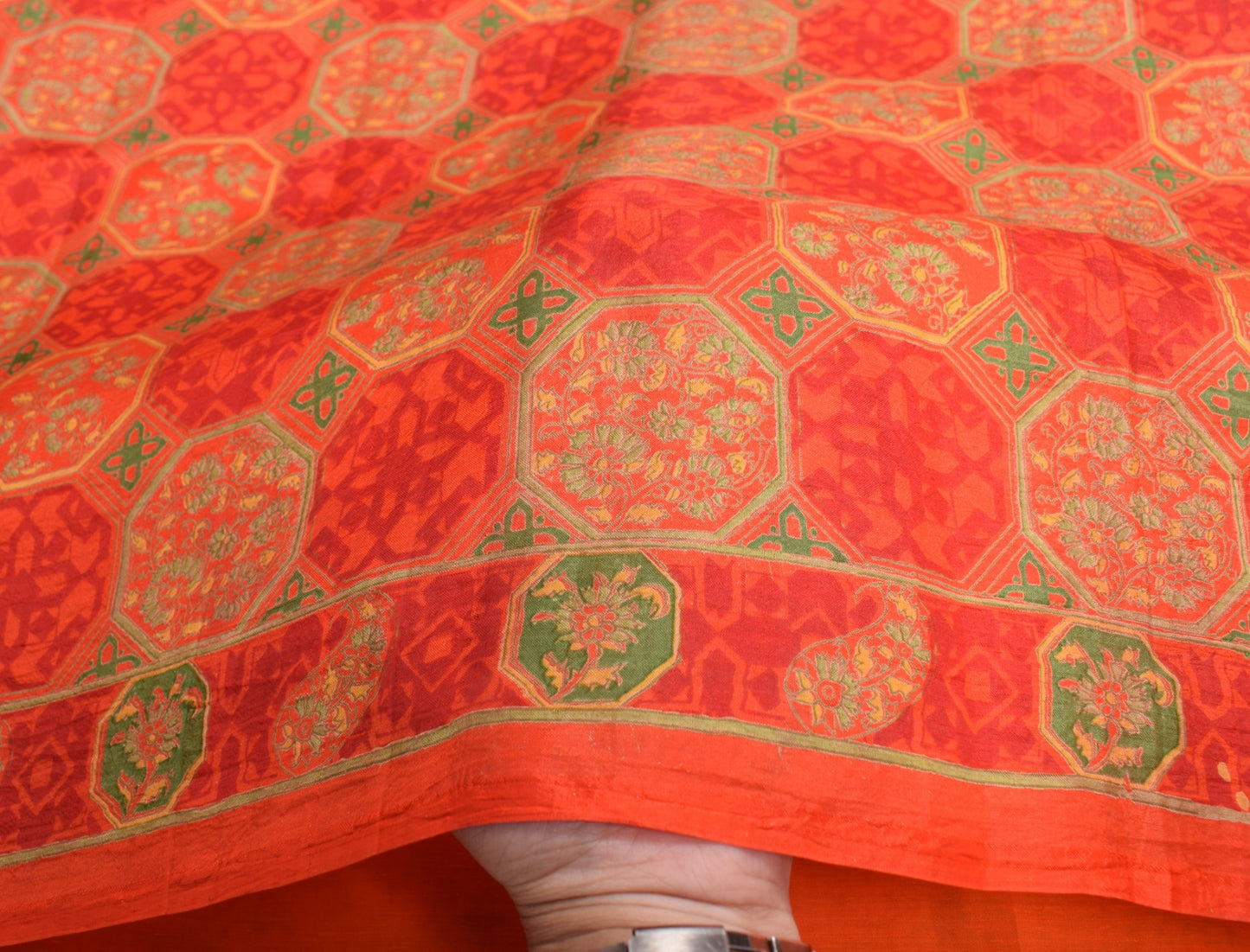 Sushila Vintage Orange Scrap Saree Pure Silk Floral Printed Sari Remnant Fabric